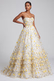 Corsé amarillo claro, vestido largo de graduación con volantes y tirantes y aplique florales