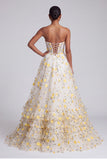 Corsé amarillo claro, vestido largo de graduación con volantes y tirantes y aplique florales