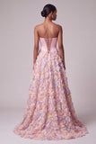 Corsé rosa satinado Appliques, perlas, vestido largo sin tirantes