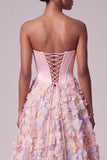 Corsé rosa satinado Appliques, perlas, vestido largo sin tirantes