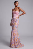 Corsé rosa sin tirantes de satén perlas sirena Apliques florales Vestido largo de graduación