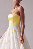 Vestido largo de graduación sin tirantes de satén amarillo A-Line