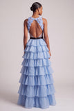 Vestido de Graduación Largo Azul Claro con Escote en V, Flores, Pliegues, Tul de Gasa, Volantes y Lazo