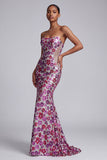 Vestido largo de baile de fin de curso floral de sirena de malla transparente fucsia con cola de barrido