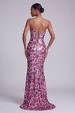Vestido largo de baile de fin de curso floral de sirena de malla transparente fucsia con cola de barrido