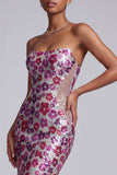 Vestido largo de baile de fin de curso floral de sirena de malla transparente fucsia con cola de barrido