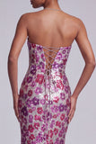 Vestido largo de baile de fin de curso floral de sirena de malla transparente fucsia con cola de barrido