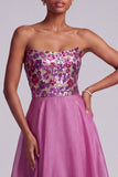 Vestido largo de graduación de fin de curso floral de lentejuelas fucsia floral sin tirantes de gasa