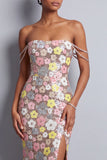 Vestido largo de baile de sirena con abertura rosa con lentejuelas y tirantes de pedrería