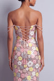 Vestido largo de baile de sirena con abertura rosa con lentejuelas y tirantes de pedrería