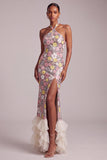 Vestido de graduación largo con volantes y abertura lateral con lentejuelas rosas