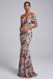 Vestido largo de baile de fin de curso, gris claro con flores de sirena con hombros descubiertos