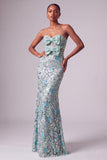Vestido largo de graduación sin tirantes de sirena azul polvoriento