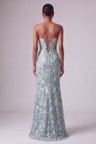 Vestido largo de graduación sin tirantes de sirena azul polvoriento