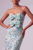 Vestido largo de graduación sin tirantes de sirena azul polvoriento