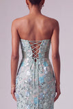 Vestido largo de graduación sin tirantes de sirena azul polvoriento