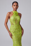 Vestido largo de graduación con bordados de sirena verde con cuello caber y lentejuelas