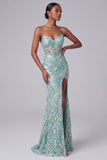 Corsé azul polvoriento, escote en pico, con bordado floral de lentejuelas, vestido largo de sirena con abertura