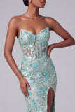 Corsé azul polvoriento, escote en pico, con bordado floral de lentejuelas, vestido largo de sirena con abertura