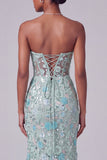 Corsé azul polvoriento, escote en pico, con bordado floral de lentejuelas, vestido largo de sirena con abertura