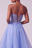 Corsé azul perlas transparentes Vestido largo de graduación en A-Line sin tirantes