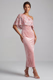 Vestido de madre de la novia de terciopelo rosa de terciopelo de un hombro con bordados