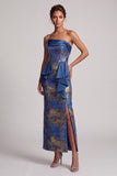 Vestido largo de madre de la novia, vestido de funda azul oscuro sin tirantes