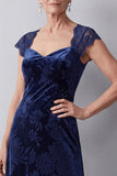 Mangas de encaje de terciopelo azul marino Vestido largo de Madre de la Novia