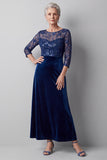 Vestido largo de madre de la novia de cuello redondo de ilusión azul oscuro