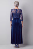 Vestido largo de madre de la novia de cuello redondo de ilusión azul oscuro
