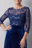 Vestido largo de madre de la novia de cuello redondo de ilusión azul oscuro