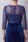 Vestido largo de madre de la novia de cuello redondo de ilusión azul oscuro