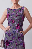 Terciopelo fucsia Satén Pedrería Floral Midi Vestido de Madre de la Novia con capa