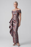 Vestido de madre de la novia gris de hombros con jacquard fruncido y funda