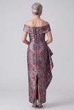 Vestido de madre de la novia gris de hombros con jacquard fruncido y funda