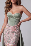 Corsé de satén verde salvia con bordado floral y vestido de concurso Maxi sin tirantes