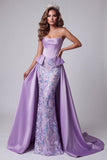 Corsé sin tirantes de satén lavanda, perlas con bordado floral sirena vestido de concurso con drapeado