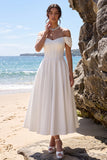 Vestido de novia blanco de rasé largo en el hombro en forma de A con largo té