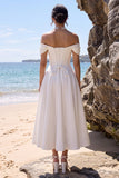 Vestido de novia blanco de rasé largo en el hombro en forma de A con largo té