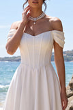 Vestido de novia blanco de rasé largo en el hombro en forma de A con largo té