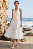 Vestido de novia Midi de chiffon de tira blanca con fajilla en A-Line