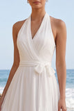 Vestido de novia Midi de chiffon de tira blanca con fajilla en A-Line