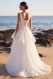 Vestido de novia largo de escaleras de organza de satén en línea A blanco