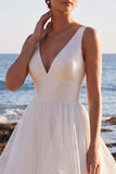 Vestido de novia largo de escaleras de organza de satén en línea A blanco