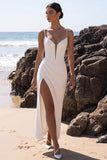 Vestido de novia Maxi de tul fruncido con escote blanco y escote en V y abertura lateral