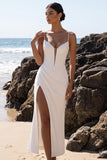 Vestido de novia Maxi de tul fruncido con escote blanco y escote en V y abertura lateral
