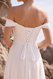 Vestido de novia blanco de gasa fruncido y línea en A