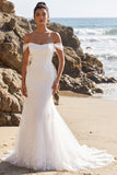 Vestido largo de novia largo de tul aplicado con sirena blanca de hombros
