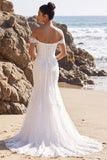 Vestido largo de novia largo de tul aplicado con sirena blanca de hombros