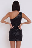 Vestido de cóctel corto bodycon de un solo hombro con lentejuelas negras y recorte